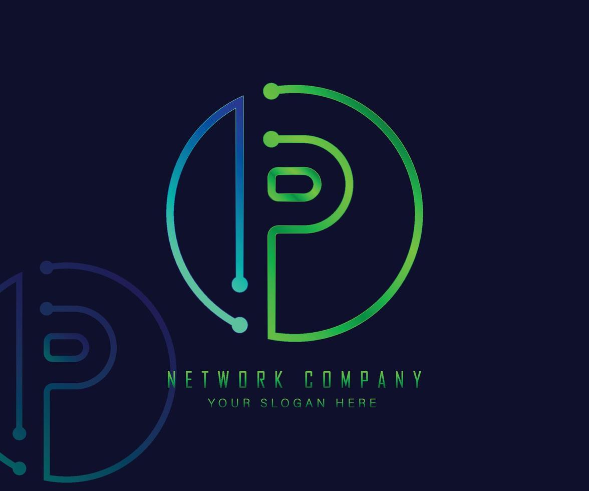 lettera p in cerchio con rete, tecnologia e concetto di punto di connessione vettore