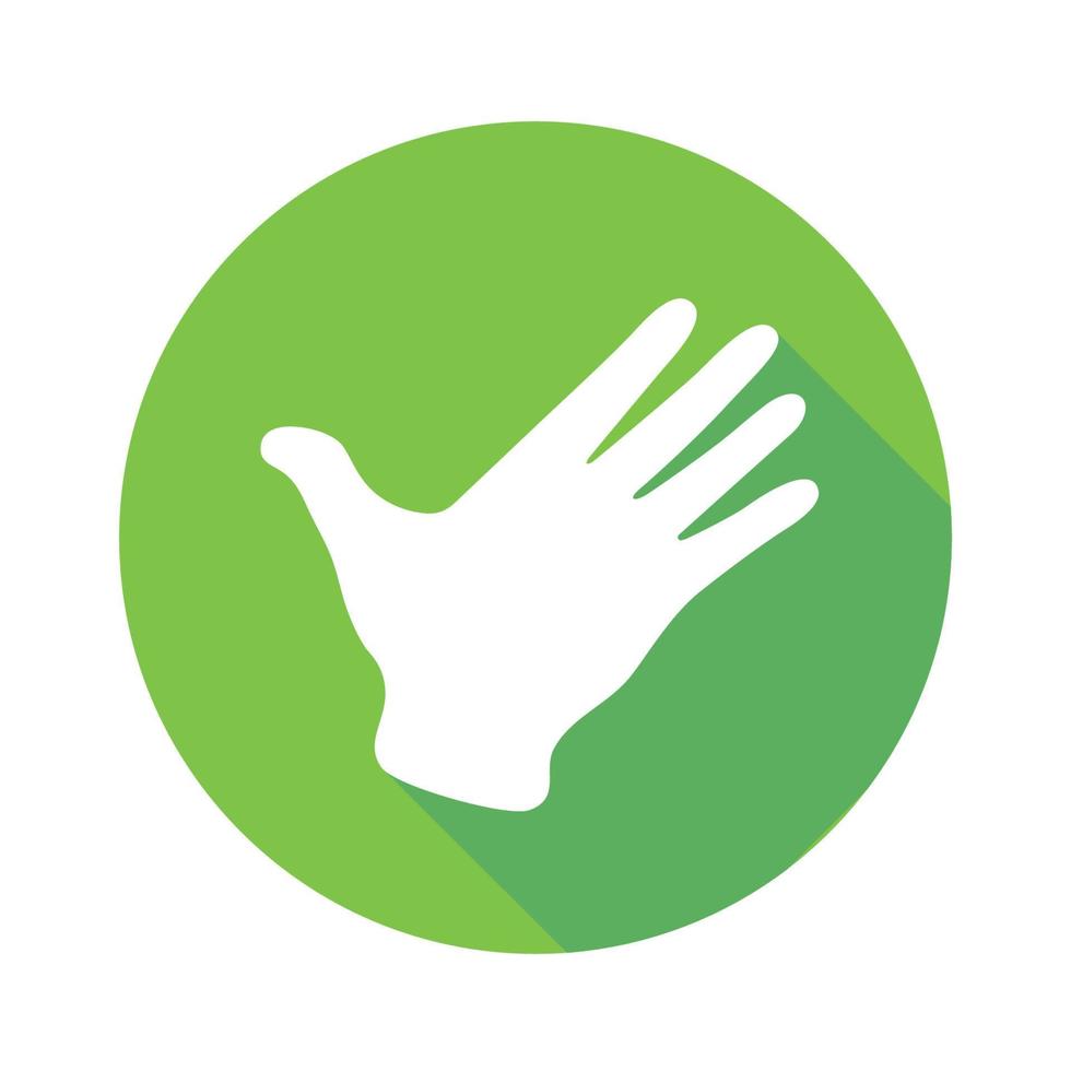 icona piatta vettoriale ciao. firmare con la mano. simbolo di comunicazione. mano bianca con gesto su sfondo verde rotondo isolato su bianco. pulsante web. adesivo dell'umore. illustrazione moderna