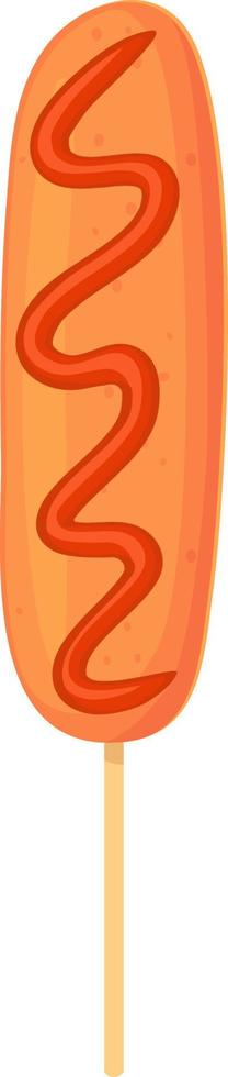 American corn dog con salsa di ketchup. cibo di strada, concetto di fast food. illustrazione in stile cartone animato. cibo di strada, concetto di fast food. illustrazione in stile cartone animato vettore
