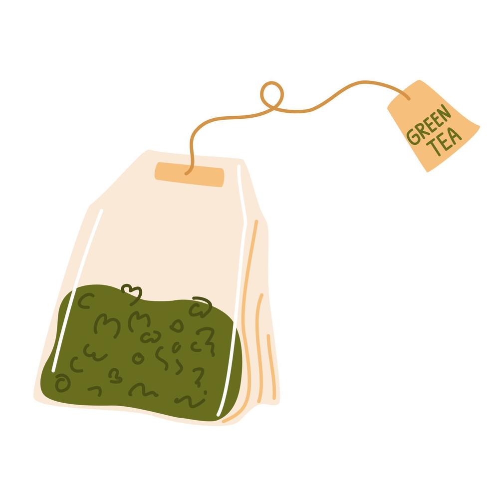 bustina di tè. tè verde in un sacchetto. cibi e bevande sani. vettore disegnare a mano illustrazione icona piatta isolata su bianco.