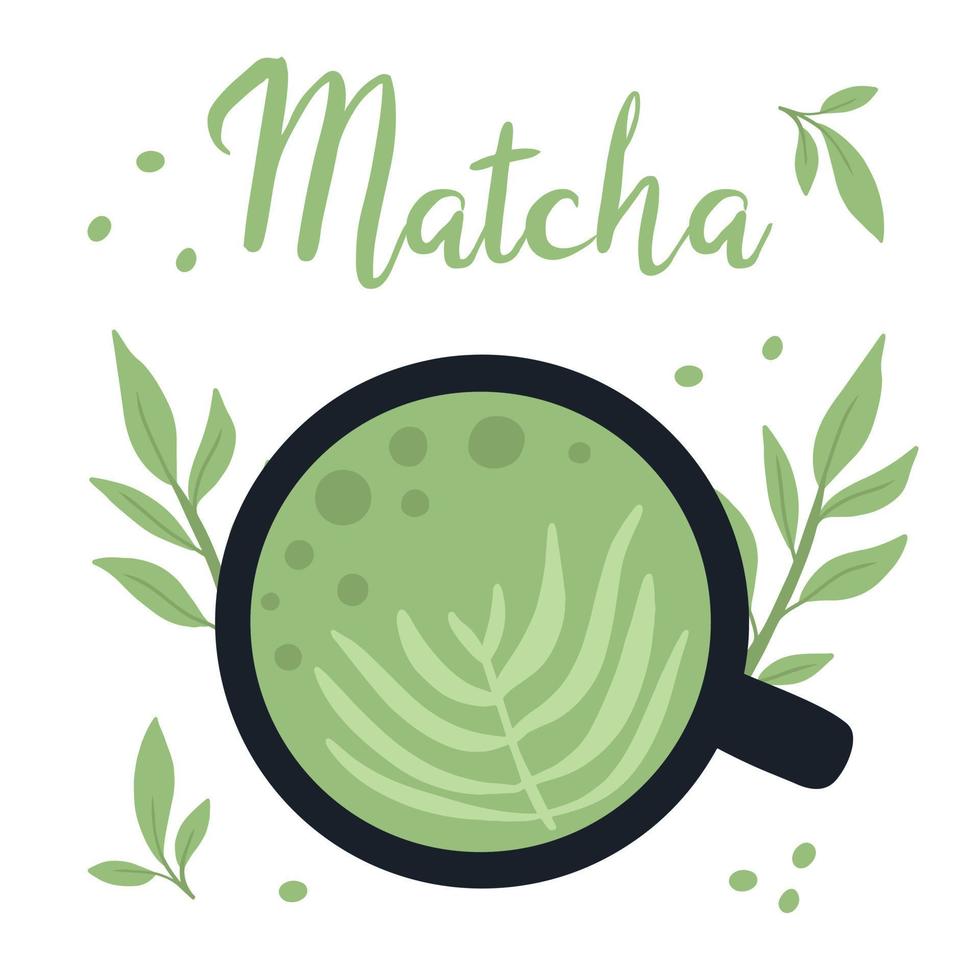 tè matcha. tazza con matcha e foglie di tè verde. illustrazione vettoriale. tè verde naturale. vettore