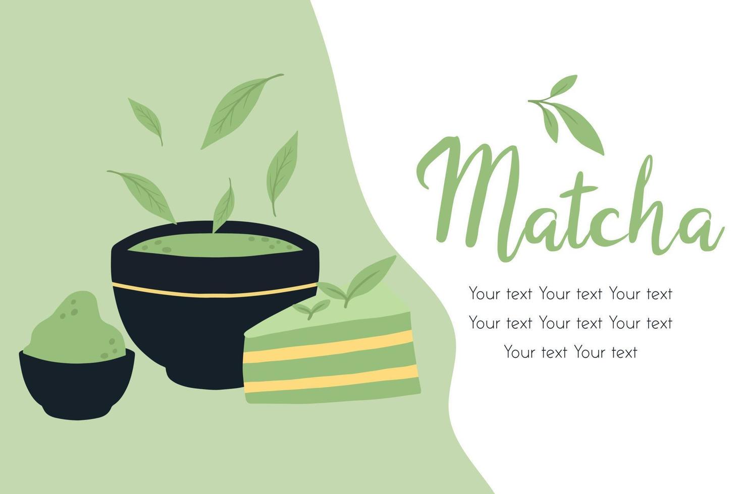 volantino con tè matcha. illustrazione vettoriale con tè verde. tazza con latte matcha. poster con tazza verde matcha.
