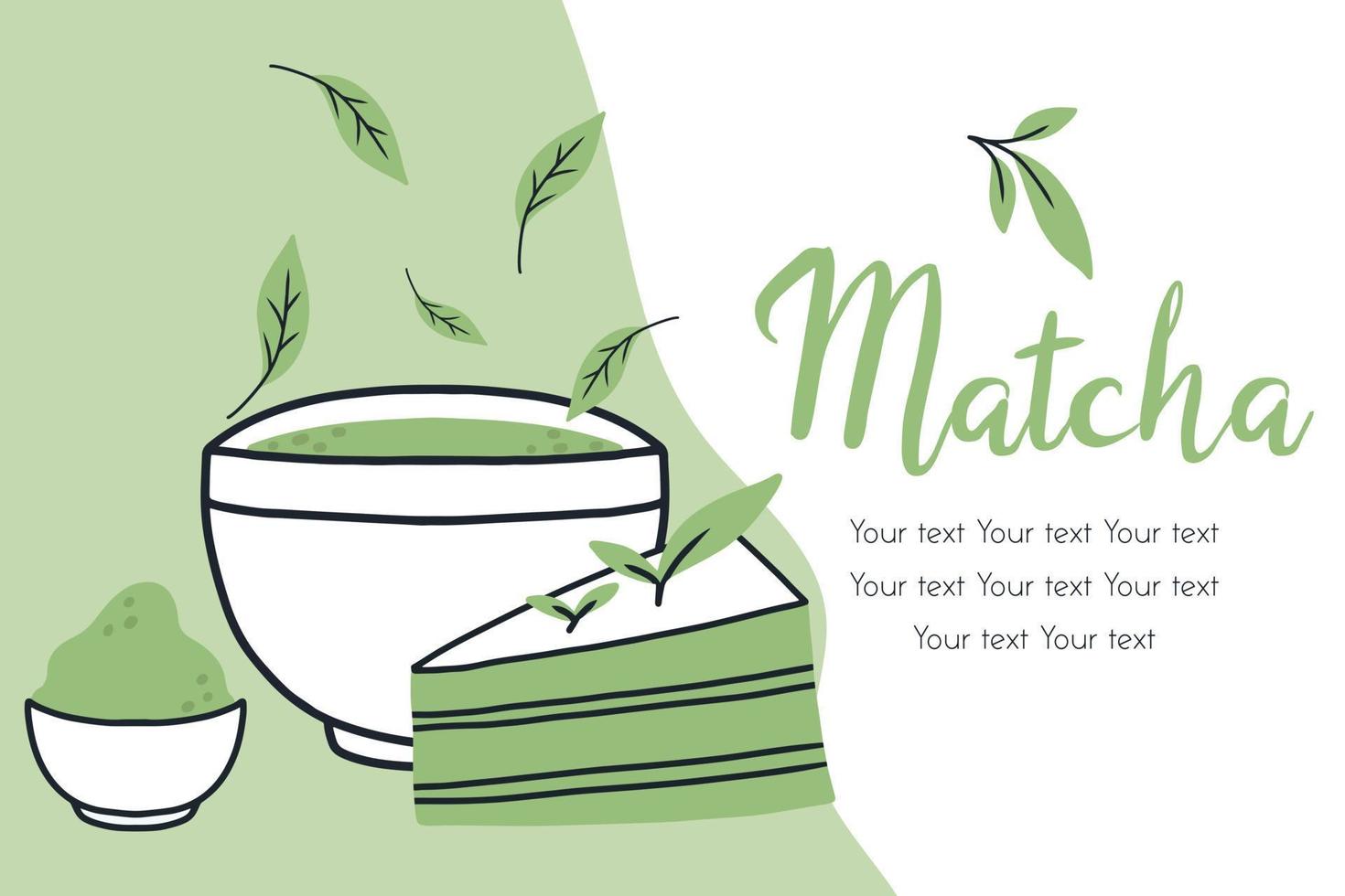 volantino con tè matcha. illustrazione vettoriale con tè verde. tazza con latte matcha. poster con stile matcha mug.doodle verde.