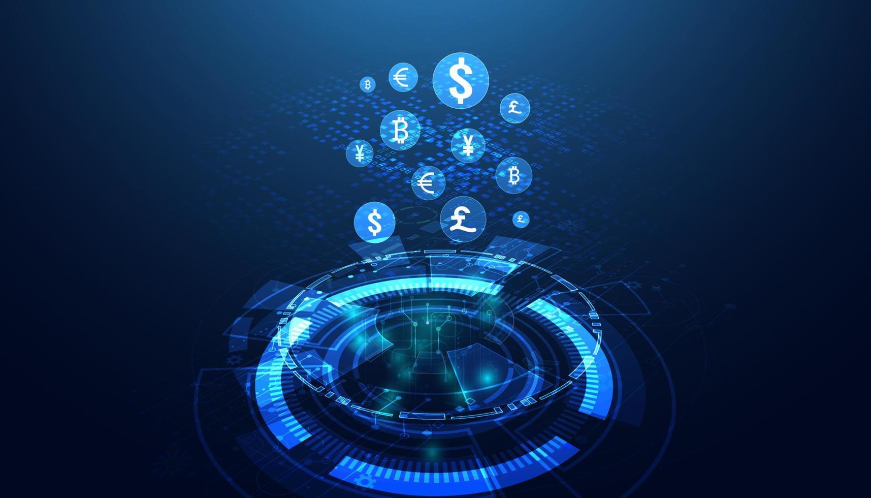 astratto cerchio digitale ologramma trasferimento di denaro defi finanza decentralizzata blockchain, criptovaluta e bitcoin, online, transazione internet futuristica. vettore