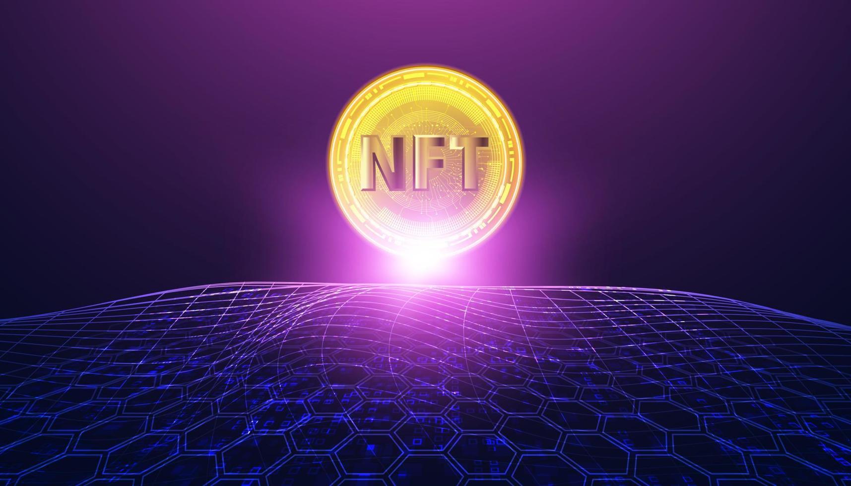 moneta astratta nft oro su sfondo wireframe blu maglia concetto token digitale asset digitale moderna criptovaluta finanza decentralizzata vettore
