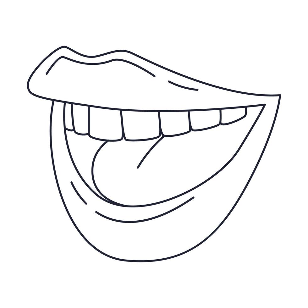una bocca sorridente e ridente con i denti. labbra femminili. contorno scarabocchio. illustrazione vettoriale in bianco e nero isolata su sfondo bianco