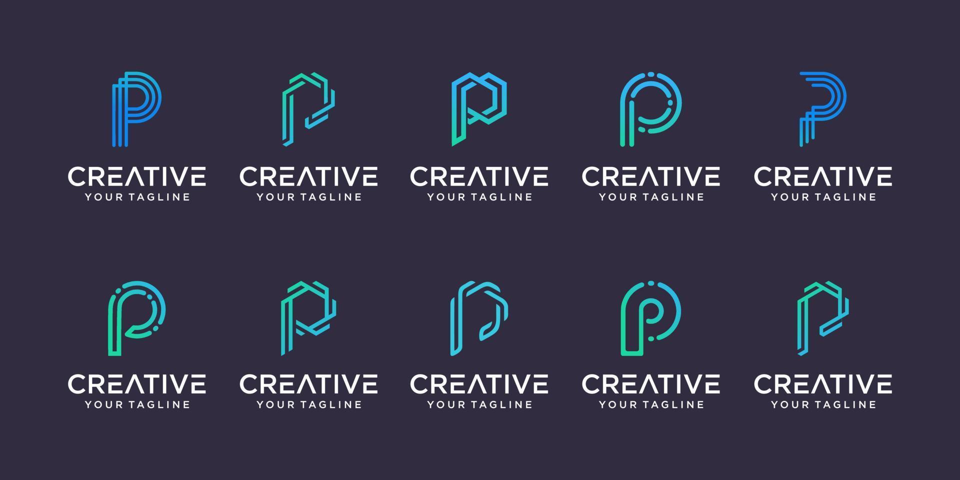 set di modello di logo astratto lettera p iniziale. icone per il business della moda, digitale, tecnologia, vettore