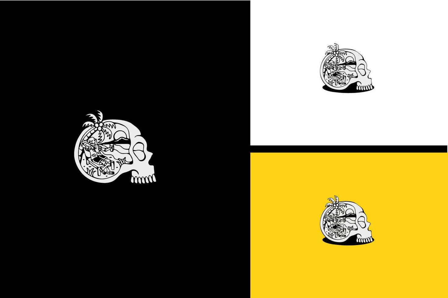 design del logo della testa del cranio e del vettore della palma in bianco e nero