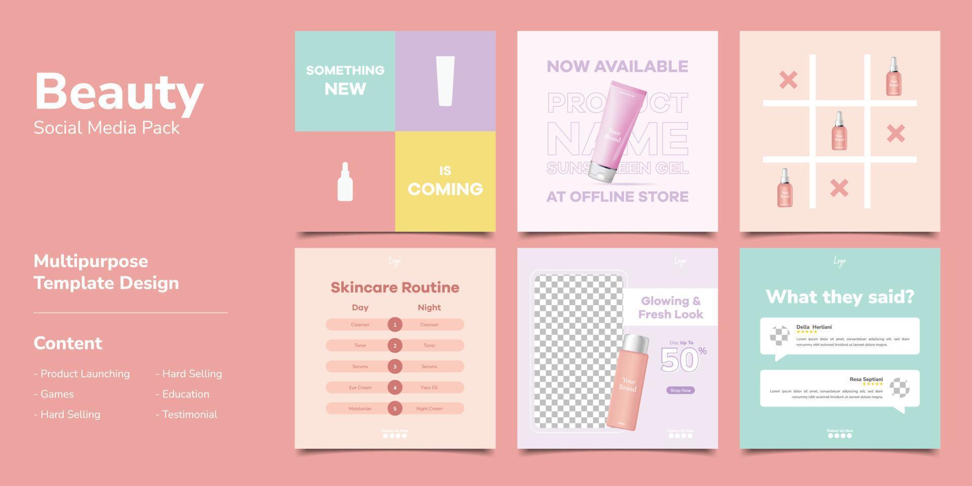 set di banner per bundle di modelli di post sui social media cosmetici colorati vettore