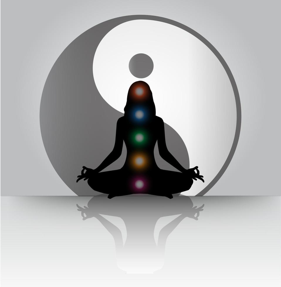 yin yang meditazione yoga con silhouette umana vettore