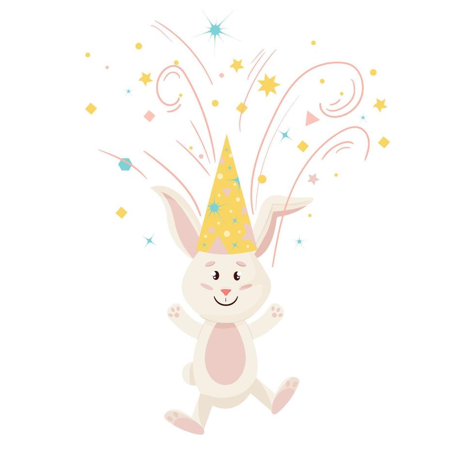 personaggio del coniglietto. saltare e sorridere divertente, coniglio cartone animato di buon compleanno con fuochi d'artificio, vettore