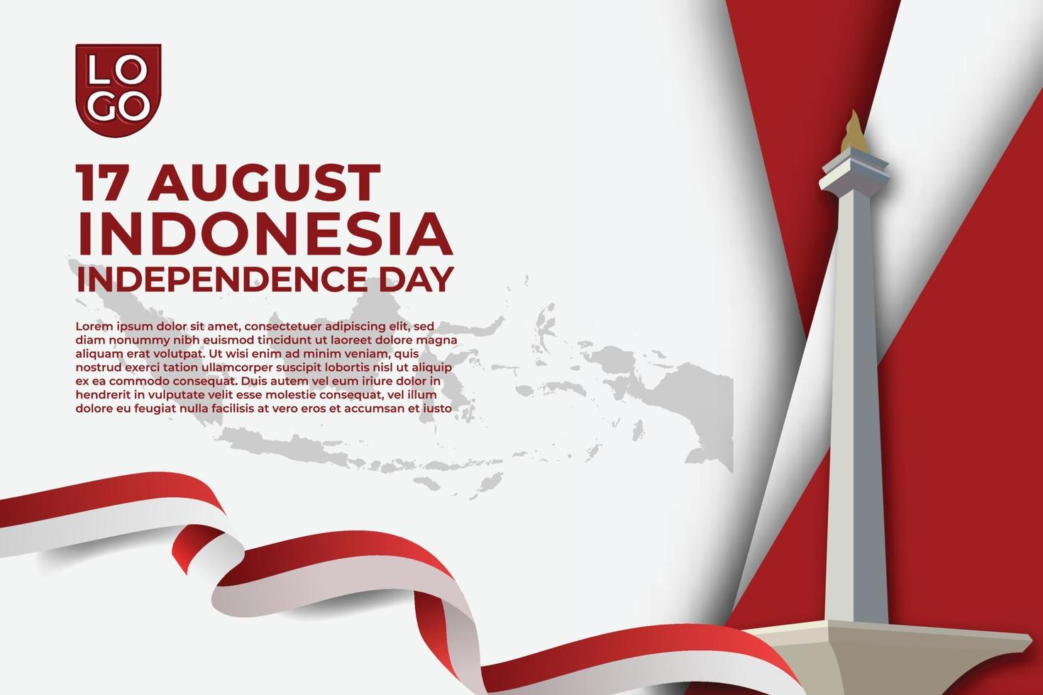 semplice modello bianco 3d giorno dell'indipendenza dell'indonesia con mappa dell'indonesia, bandiera e punto di riferimento di monas vettore