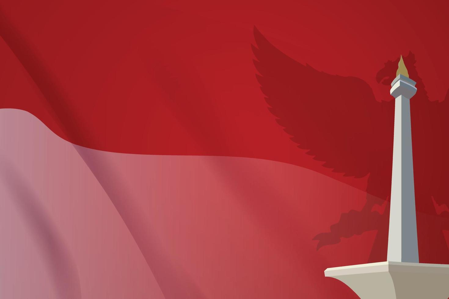 bandiera indonesiana rossa e bianca svolazzante sfondo stile con ornamento realistico punto di riferimento monas 3d e garuda bird vettore