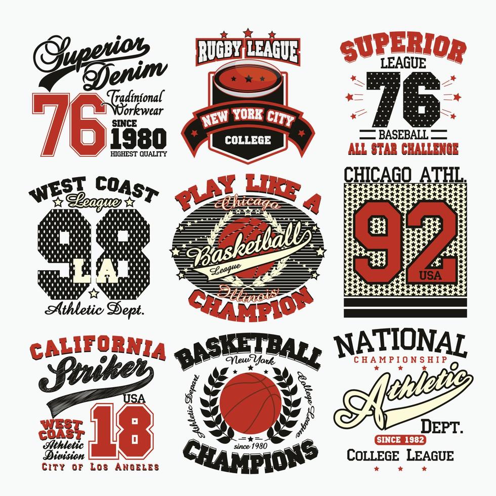 set di emblemi grafici tipografici sportivi, design per la stampa di t-shirt. abbigliamento sportivo originale, stampa vintage per abbigliamento sportivo vettore