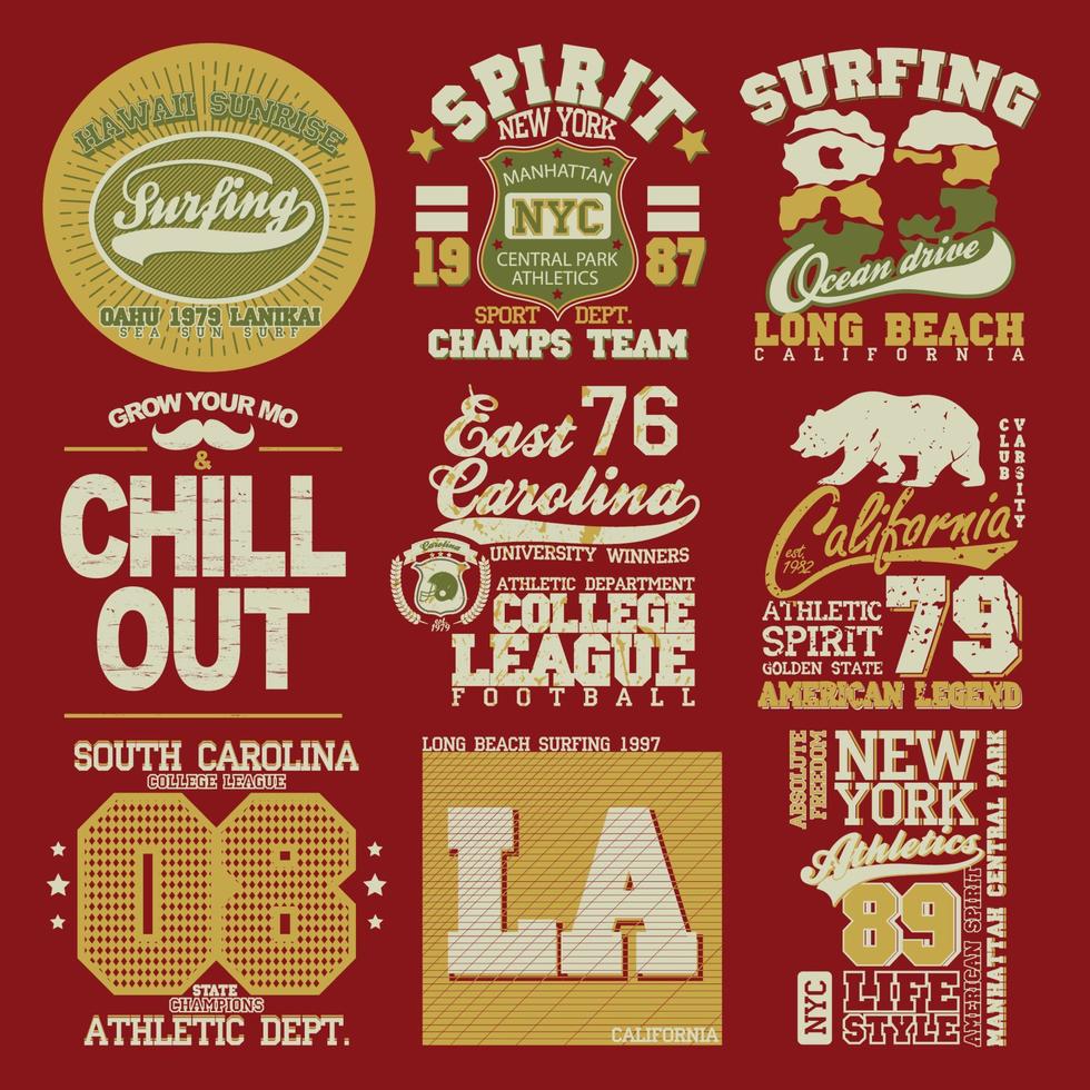 set di emblemi grafici tipografici sportivi, design per la stampa di t-shirt. abbigliamento sportivo originale, stampa vintage per abbigliamento sportivo vettore