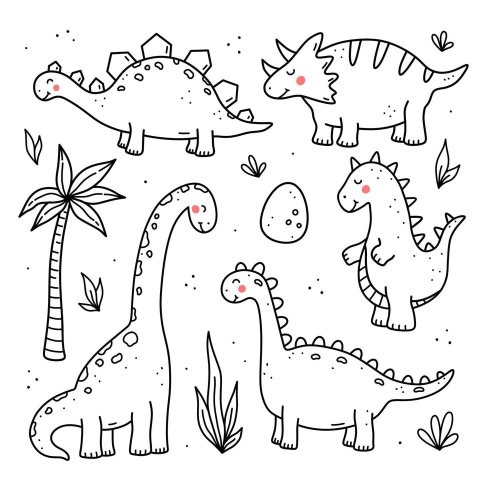 set di simpatici dinosauri e piante divertenti isolati su sfondo bianco. illustrazione disegnata a mano di vettore in stile doodle. perfetto per carte, logo, decorazioni. personaggi dei cartoni animati, cuccioli di animale.