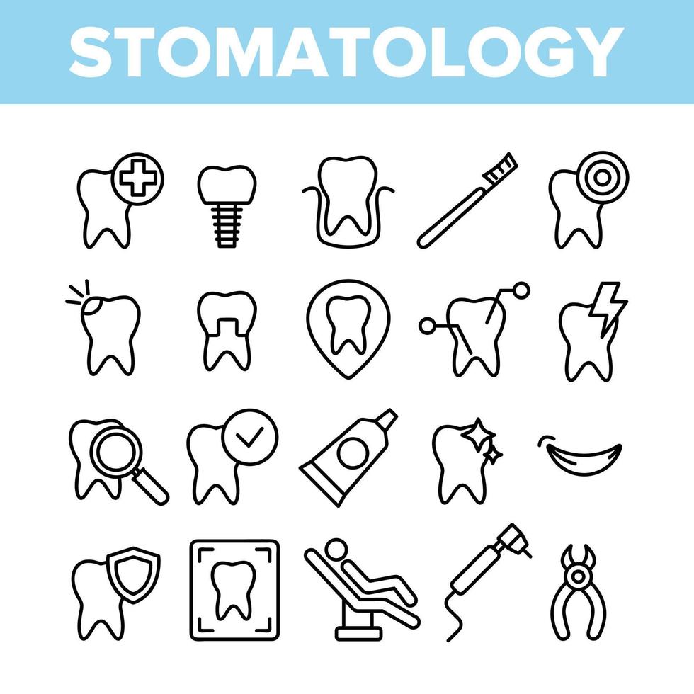 stomatologia e odontoiatria icone lineari vettoriali impostate