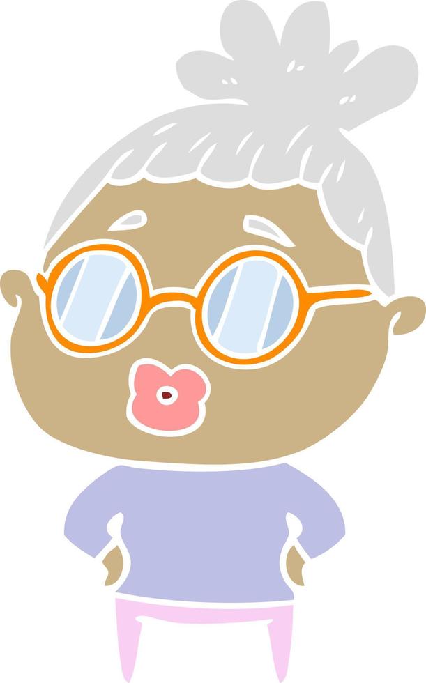 donna bibliotecaria in stile cartone animato a colori piatti che indossa occhiali vettore