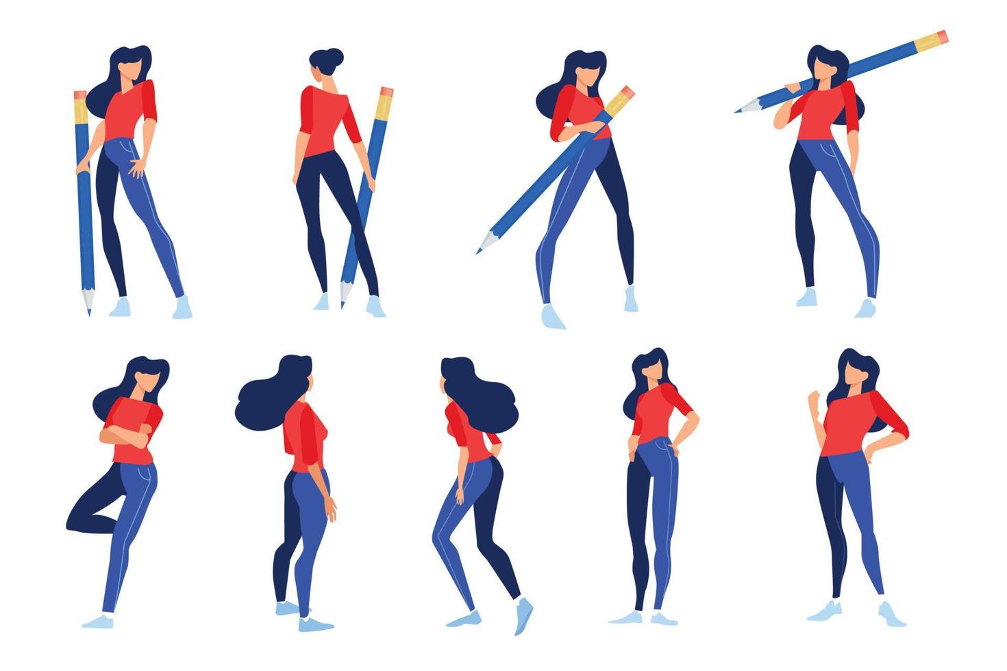 illustrazioni vettoriali di donna in diverse pose con la matita. concetti per grafica e web design, materiale di marketing, modelli di presentazione aziendale.