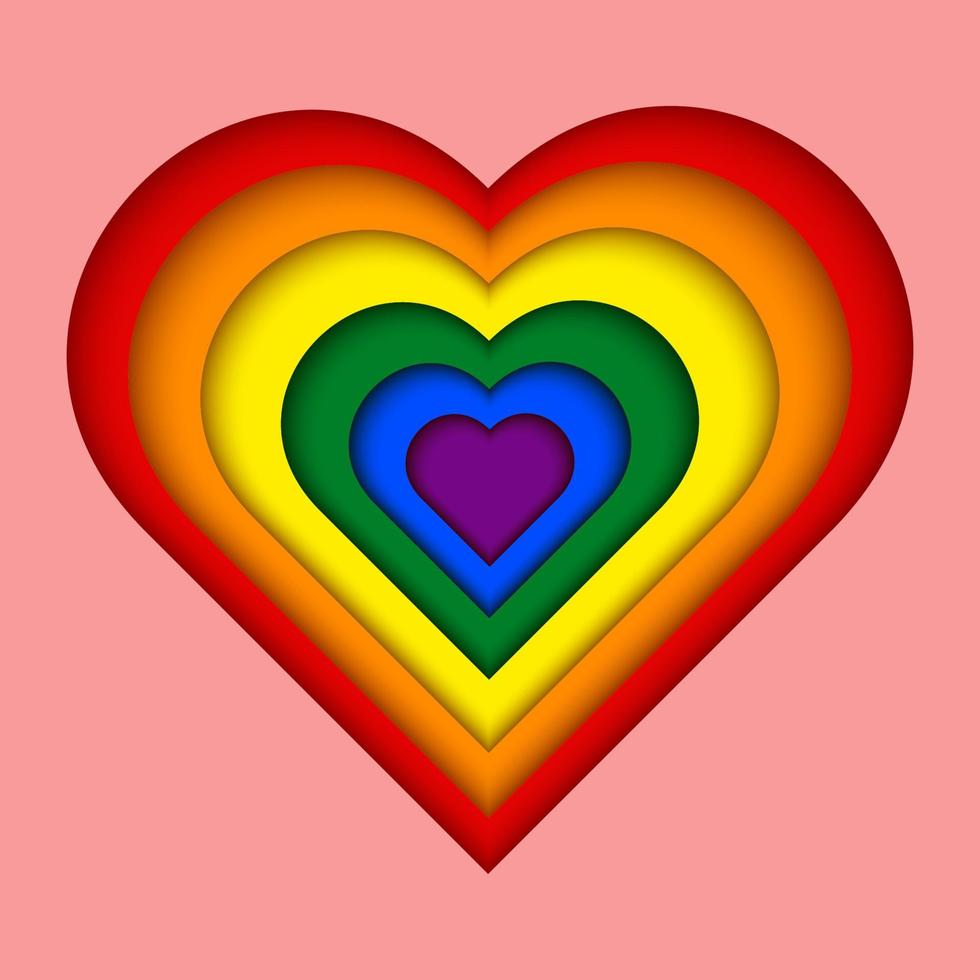 arcobaleno a forma di cuore con bandiera dell'orgoglio color arcobaleno. 3d paper cut design.vector illustrazione della comunità lgbt vettore