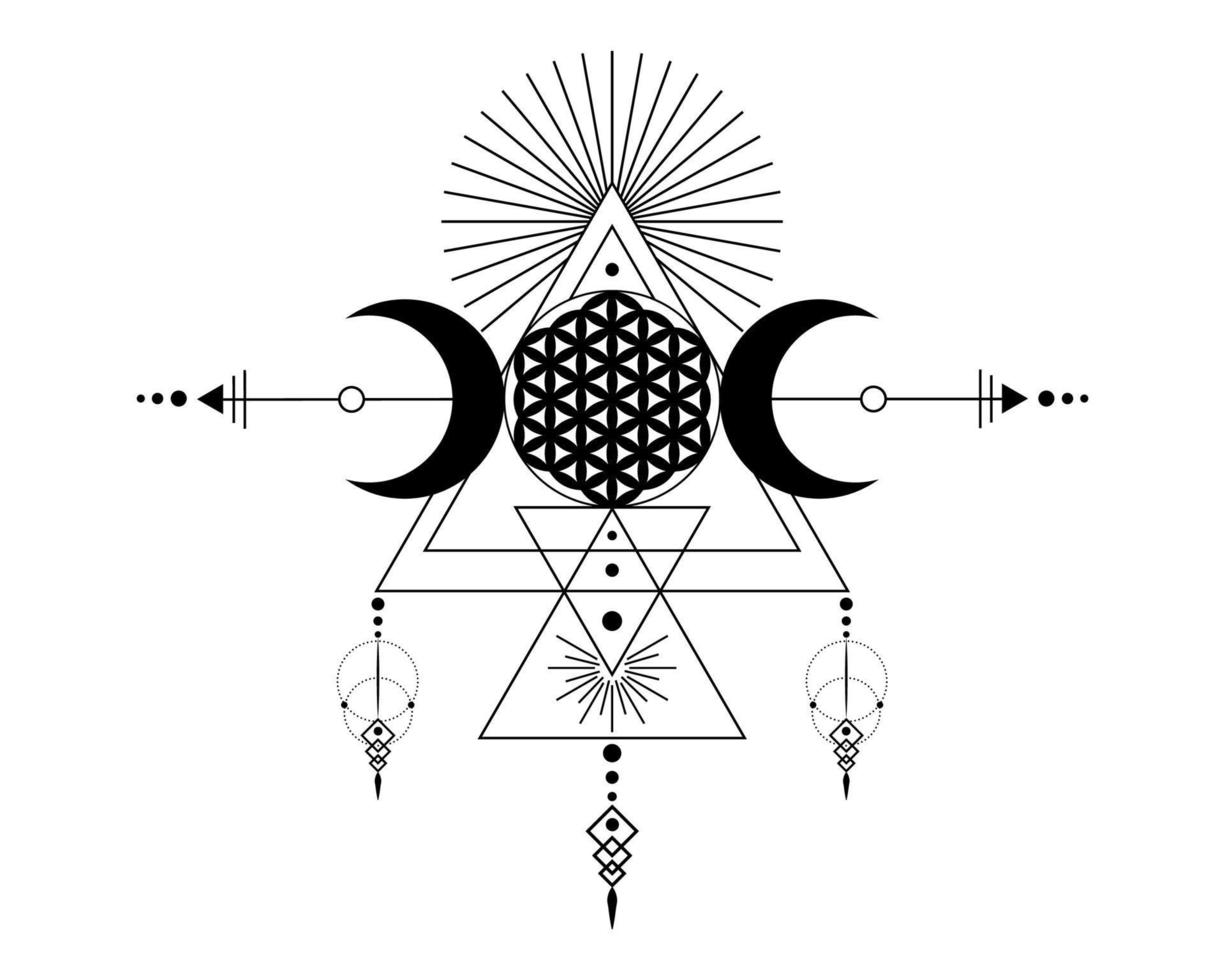 triplice dea e fiore della vita, geometria sacra, triangoli tribali, fasi lunari in stile sciamano boho. tatuaggio, astrologia, alchimia e simboli magici. vettore isolato su sfondo bianco