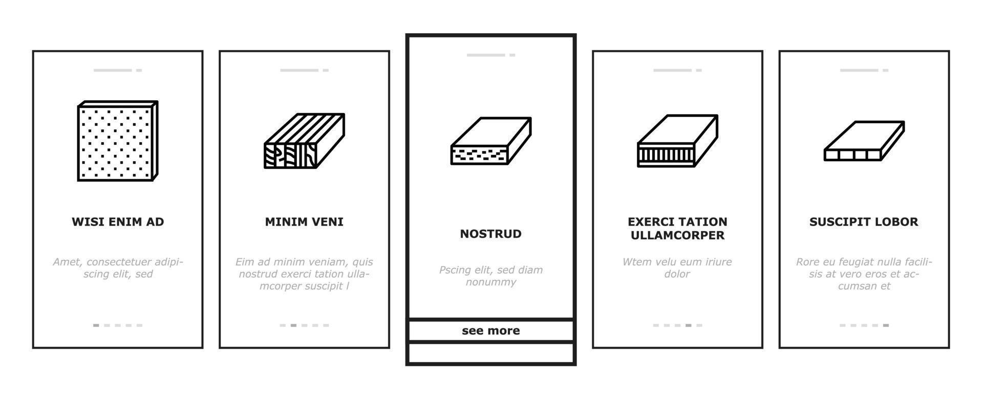 legname legno produzione industriale onboarding icone set vettore