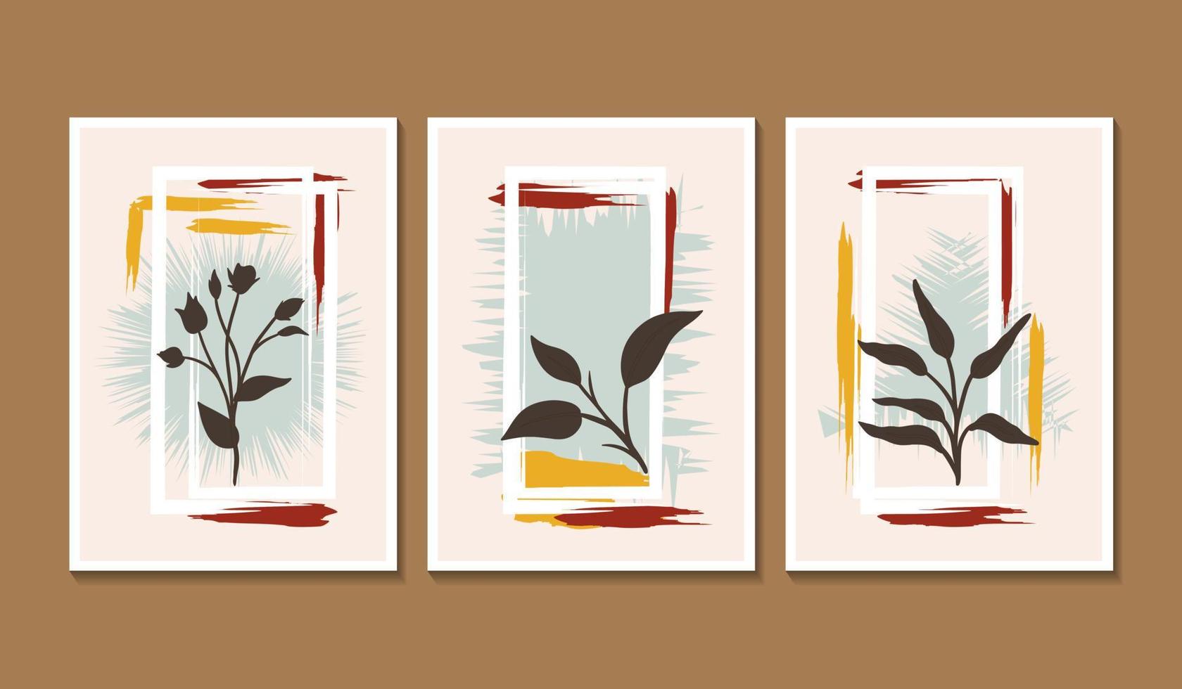 set di 3 poster di arte della parete minimalismo estetico con silhouette di foglie ed elemento astratto vettore
