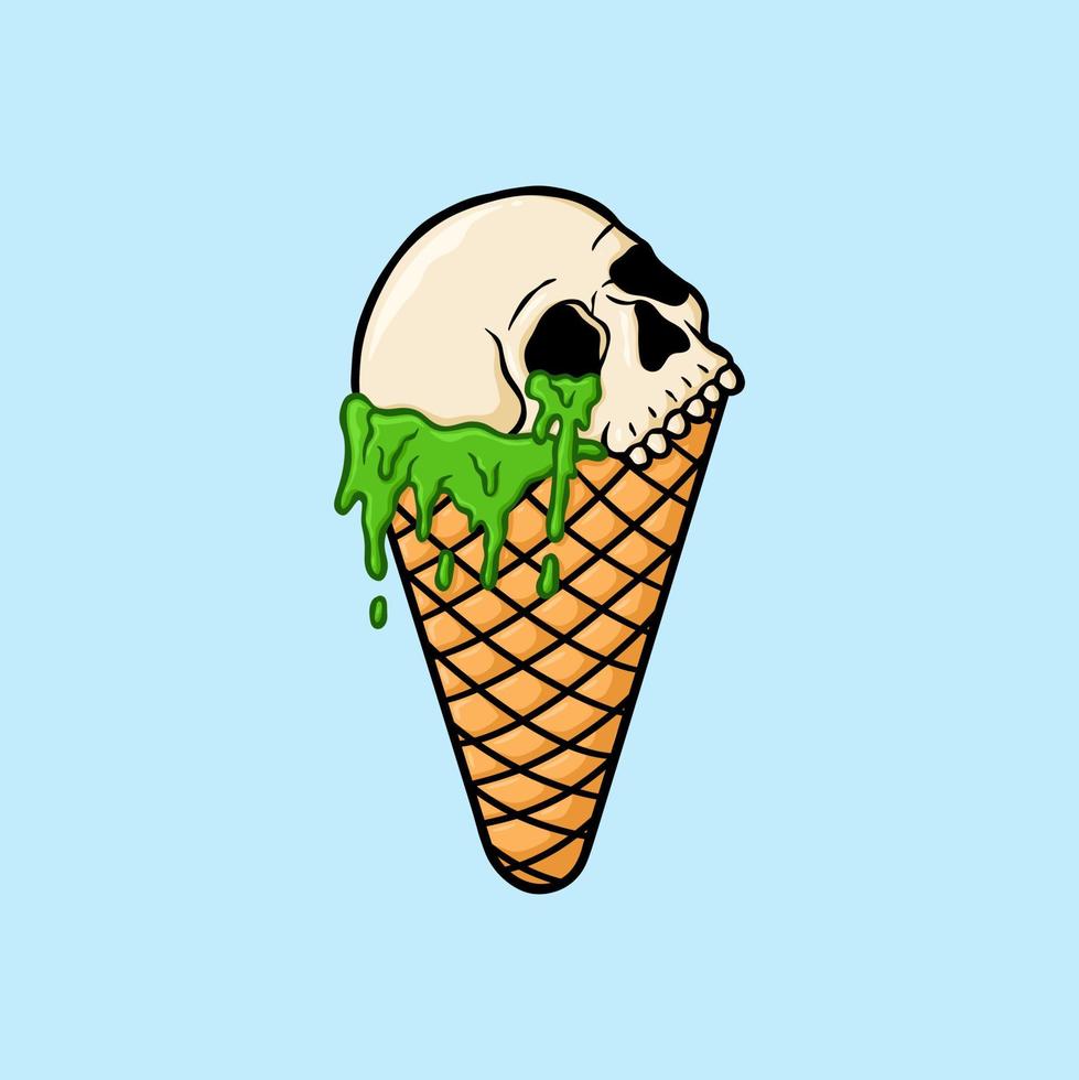 il cono gelato zombie si scioglie con l'illustrazione vettoriale del cranio