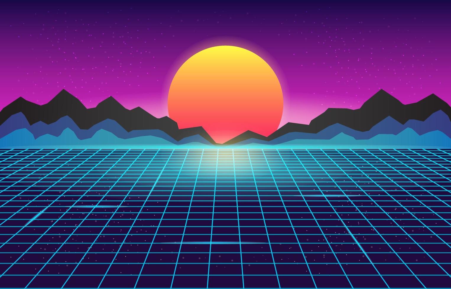 synthwave retro sole futuristico paesaggio geometrico montagne fantascienza illustrazione sfondo vettore