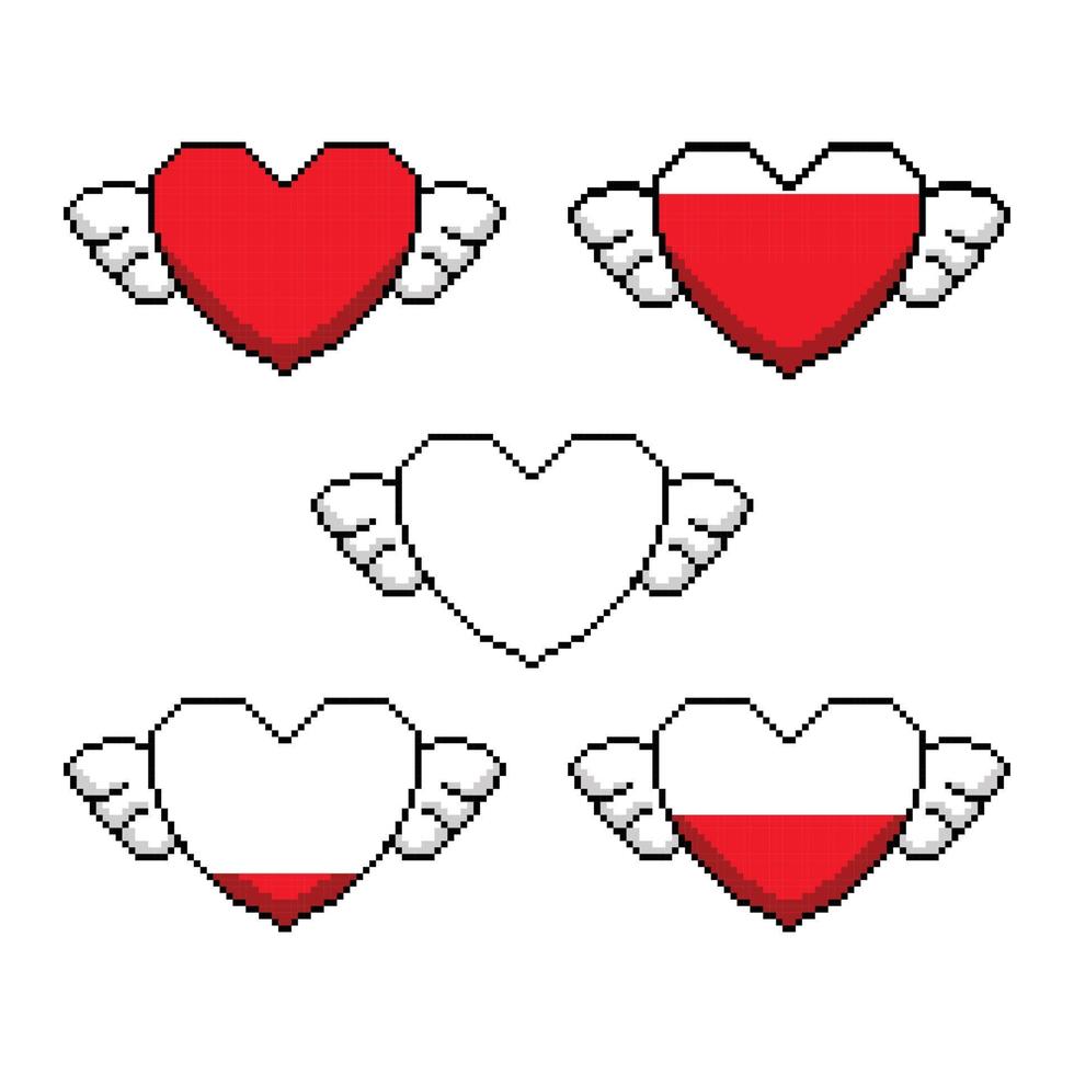 barra di gioco della vita dei pixel. arte vettoriale della barra della salute del cuore a 8 bit. controller di gioco, set di simboli.