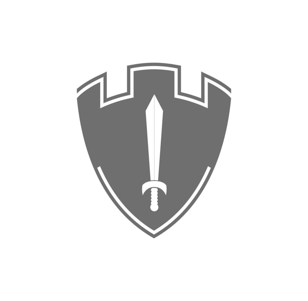 scudo castello con illustrazione del design del logo della spada vettore