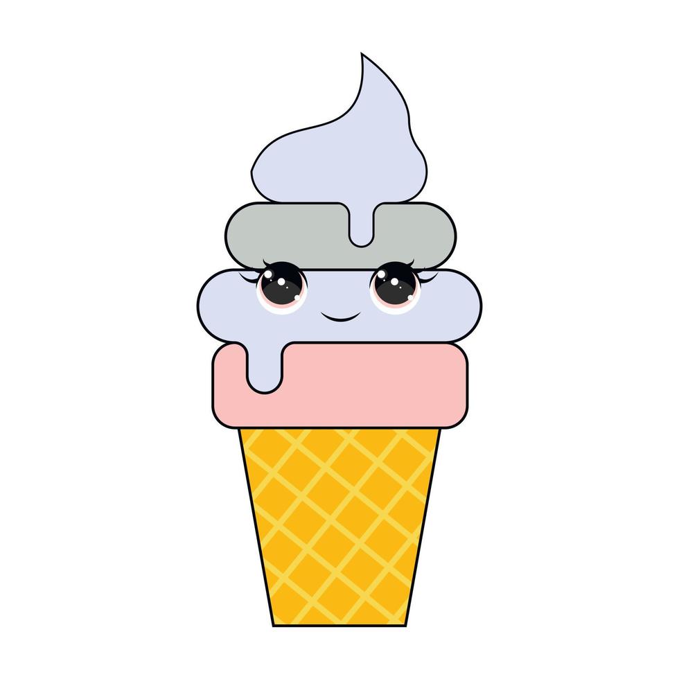 gelato carino isolato su sfondo bianco. stile kawaii con faccia buffa. personaggio dolce dei cartoni animati. illustrazione vettoriale. vettore