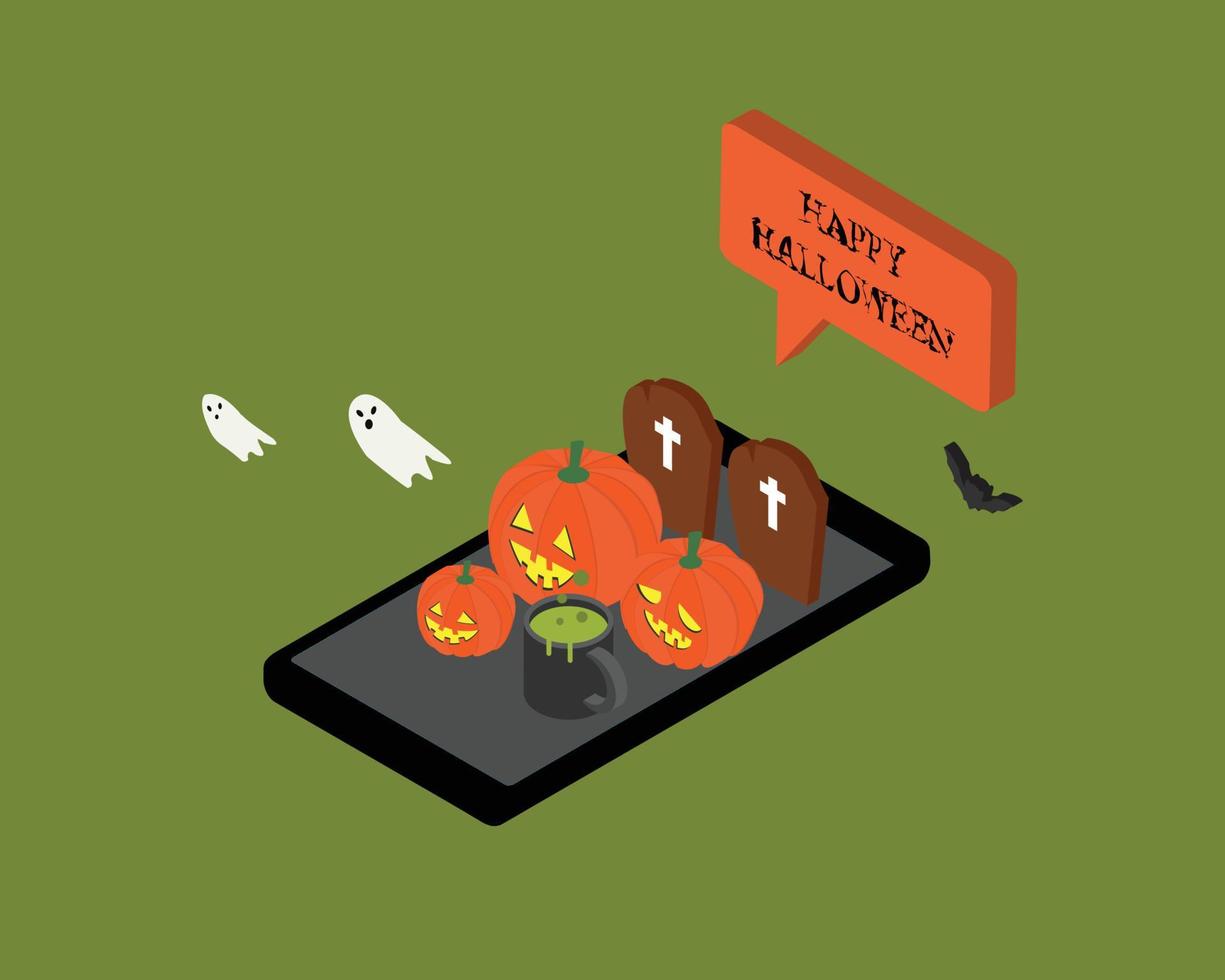 banner felice giorno di halloween con tema notturno di zucca con cellulare isometrico vettore