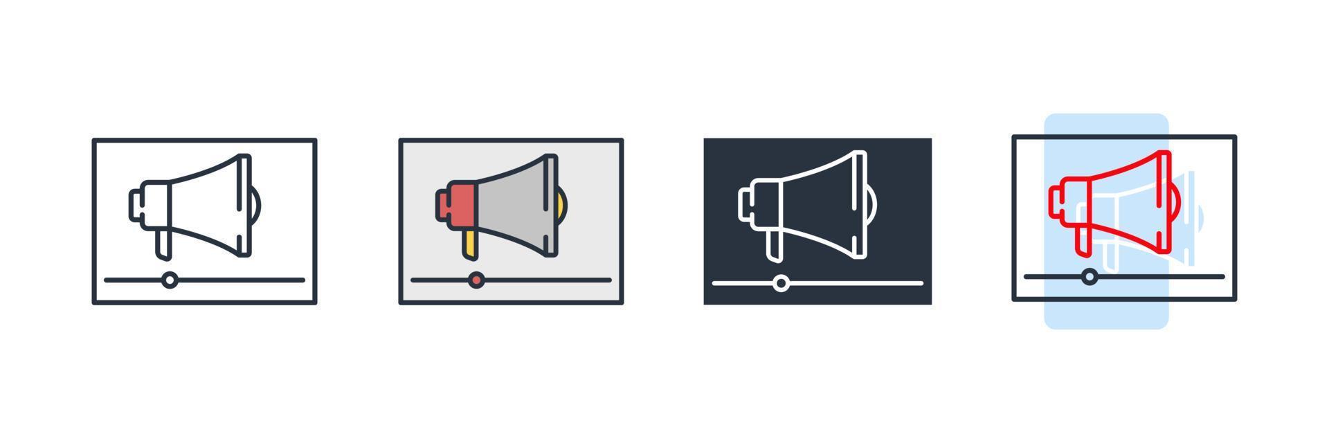 illustrazione vettoriale del logo dell'icona di marketing video. modello di simbolo di social media e pubblicità per la raccolta di grafica e web design