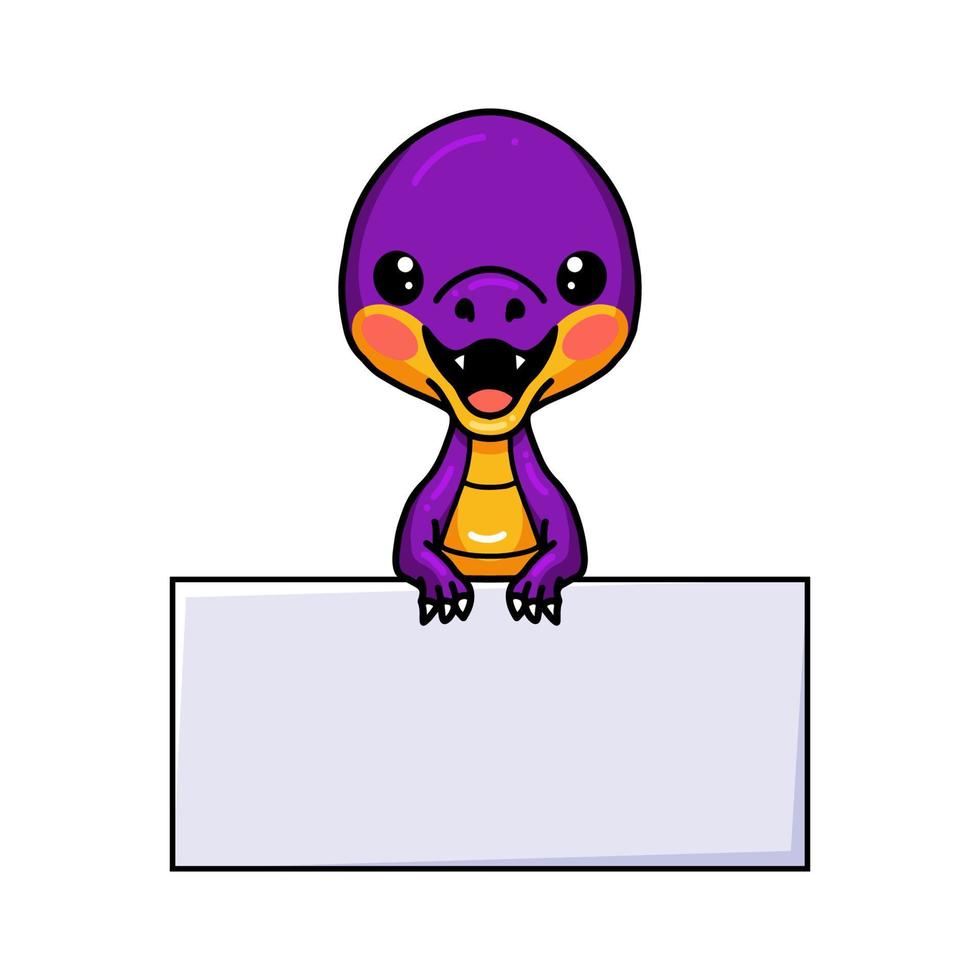 simpatico cartone animato di dinosauro viola con segno in bianco vettore