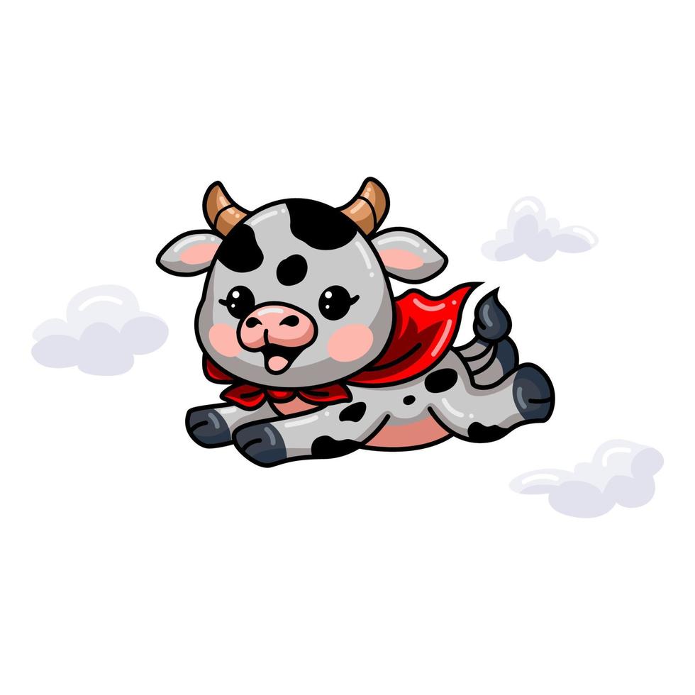 carino supereroe bambino mucca cartone animato volante vettore