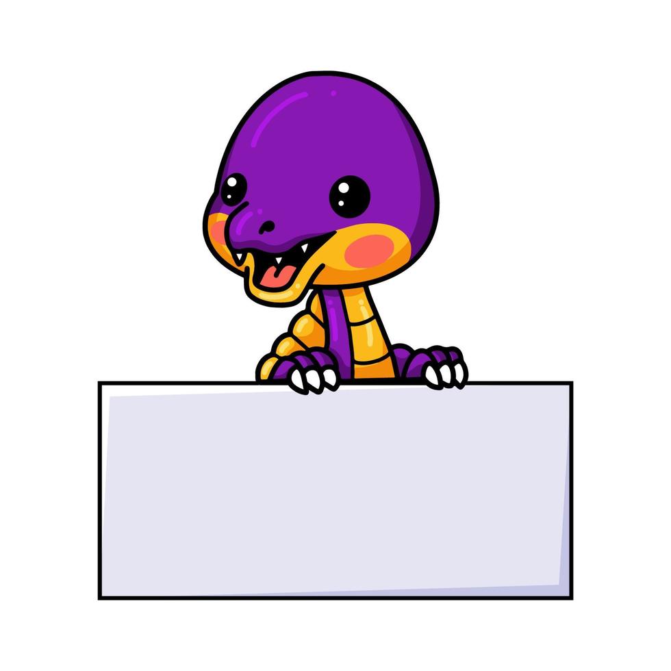 simpatico cartone animato di dinosauro viola con segno in bianco vettore
