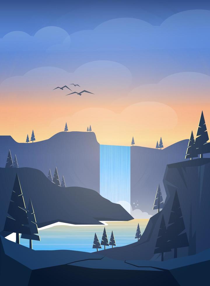 bella cascata piatta della natura all'illustrazione del tramonto vettore