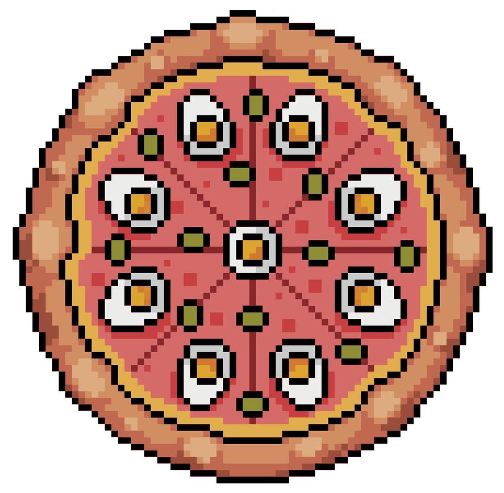 pixel art pizza portoghese con uova, prosciutto e olive icona del gioco a 8 bit su sfondo bianco vettore