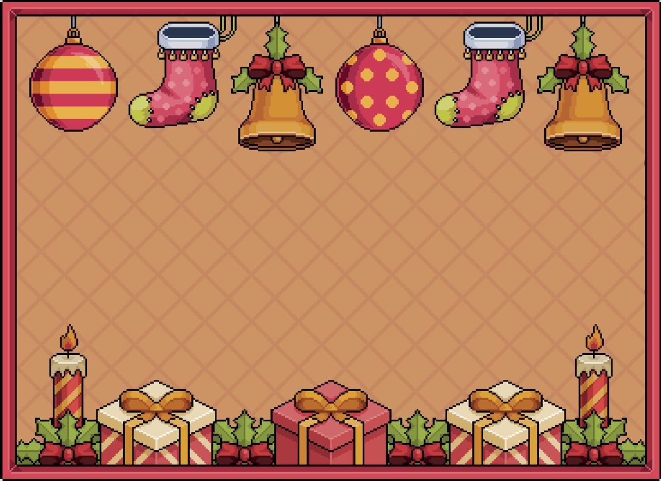 banner di sfondo natale pixel art 8 bit con campane, palle di natale, regalo, candele e calzino vettore