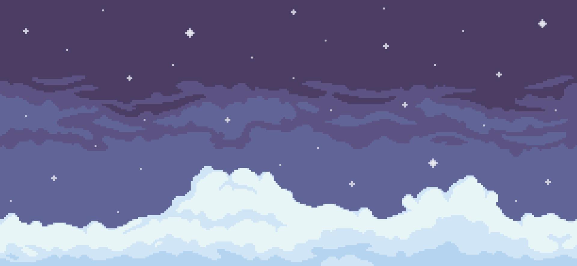 sfondo del cielo notturno di pixel art con nuvole e stelle per il gioco a 8 bit vettore