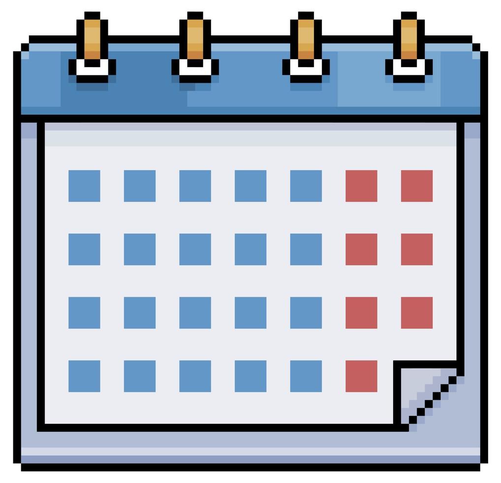 icona vettore calendario pixel art per gioco a 8 bit su sfondo bianco