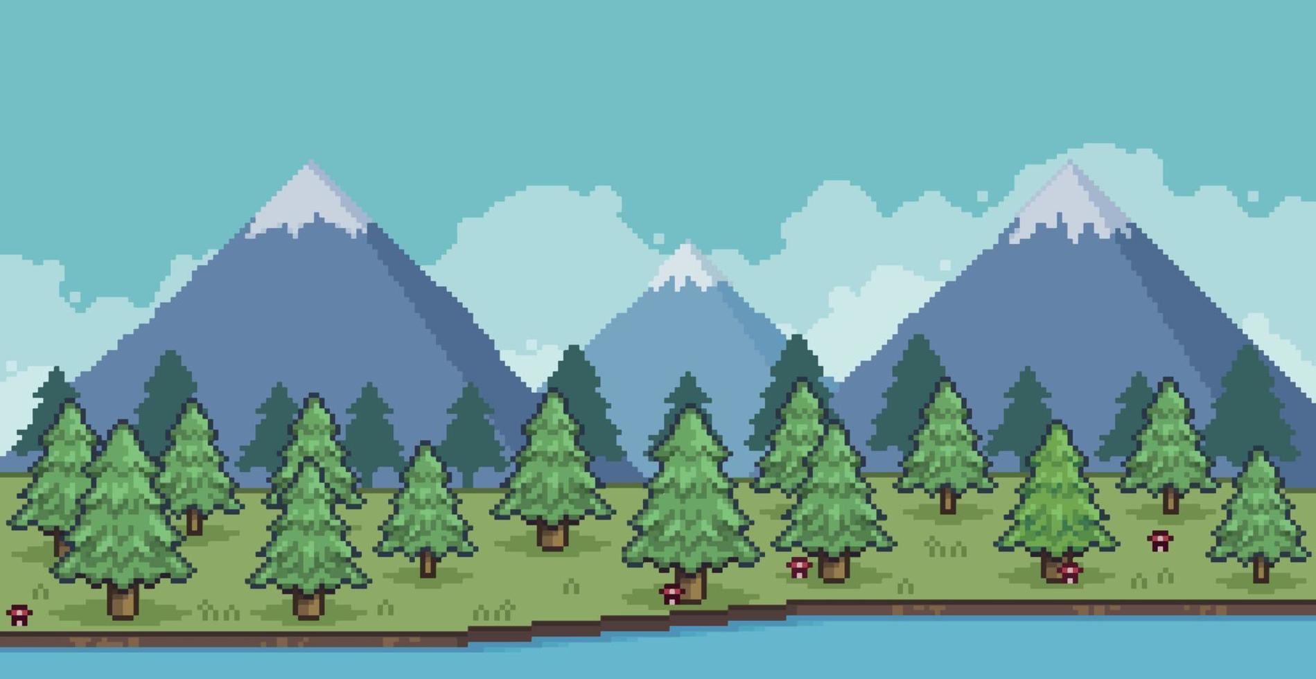 pixel art paesaggio di pineta in montagna con lago e nuvole sfondo di gioco a 8 bit vettore