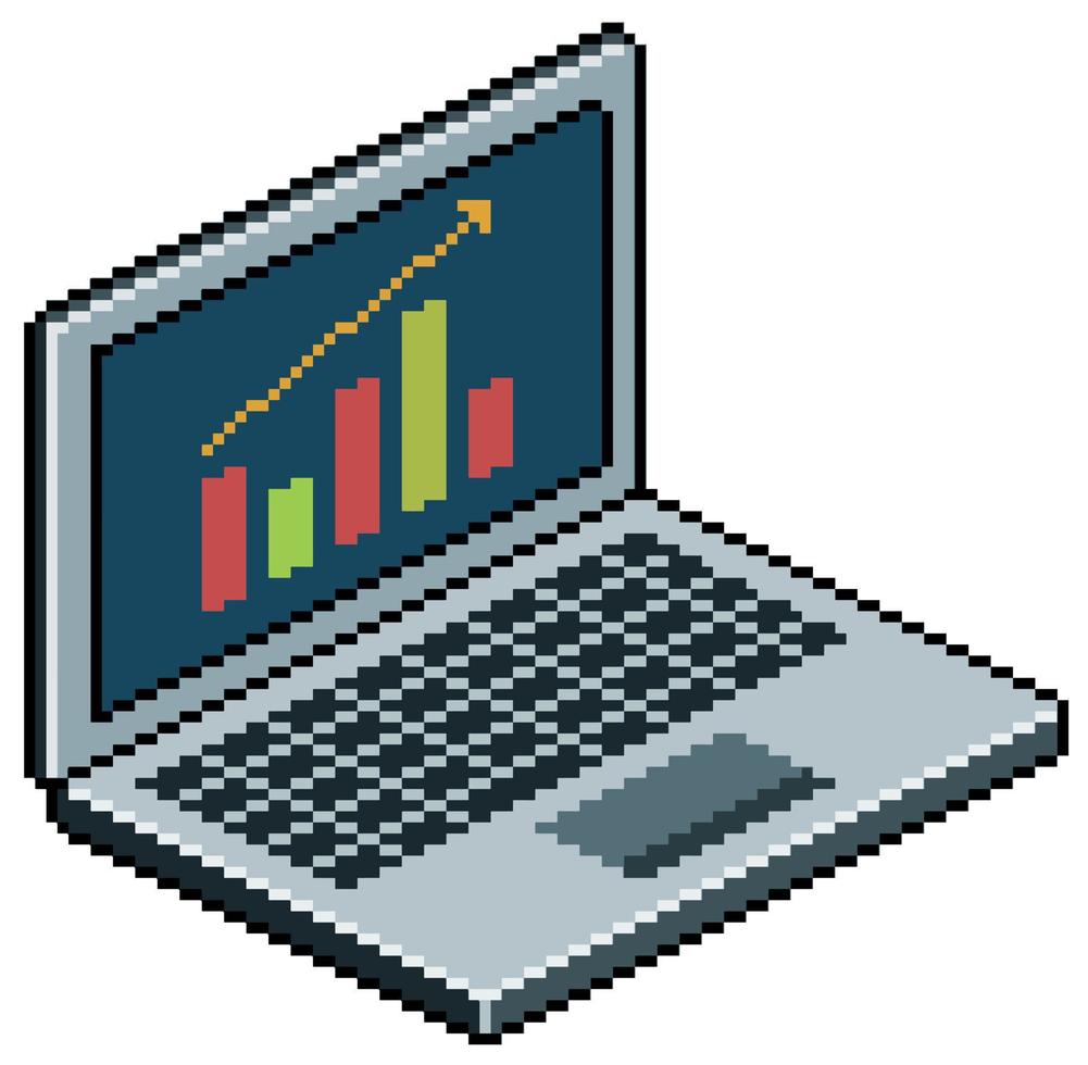 computer portatile pixel art con grafica sullo schermo. Oggetto di gioco a 8 bit su sfondo bianco vettore