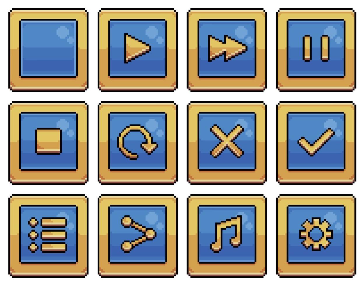 pulsanti quadrati blu pixel art per interfaccia di gioco e icone vettoriali per app per giochi a 8 bit su sfondo bianco