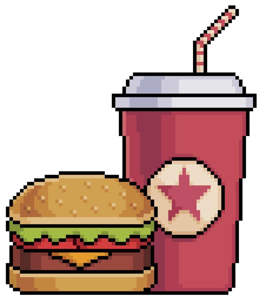 pixel art hamburger e soda, x-burger fast food icona vettore per gioco a 8 bit su sfondo bianco