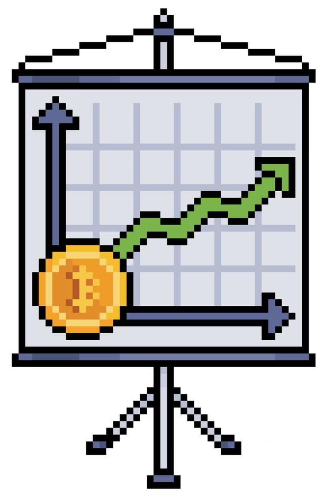 scheda pixel art con grafica bitcoin. analisi dei prezzi delle criptovalute. banner di presentazione delle finanze. vettore a 8 bit su sfondo bianco