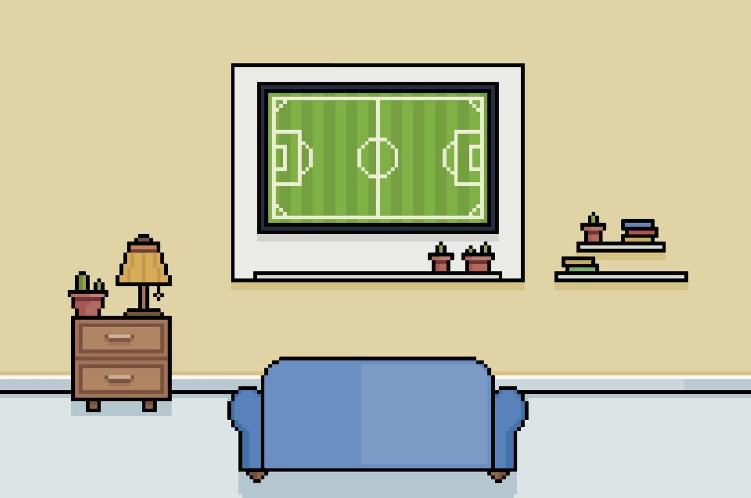 pixel art guardando la coppa del mondo di calcio nella sala TV. Sfondo 8bit con divano, tavolo e tv e decorazioni vettore