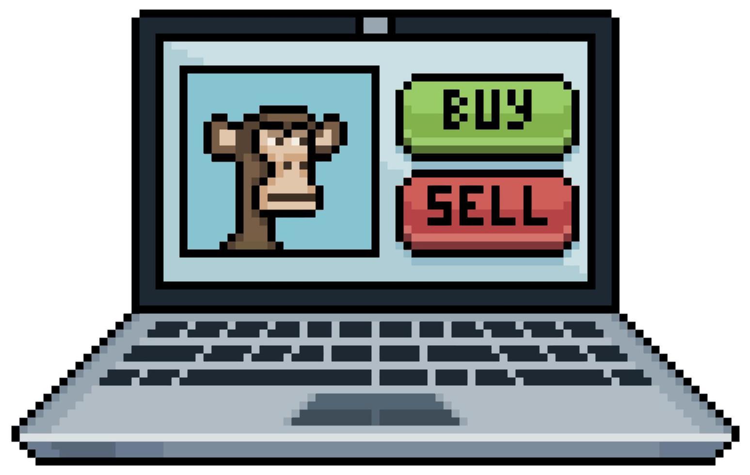 pixel art compra e vendi scimmia nft tramite computer icona vettoriale per gioco a 8 bit su sfondo bianco