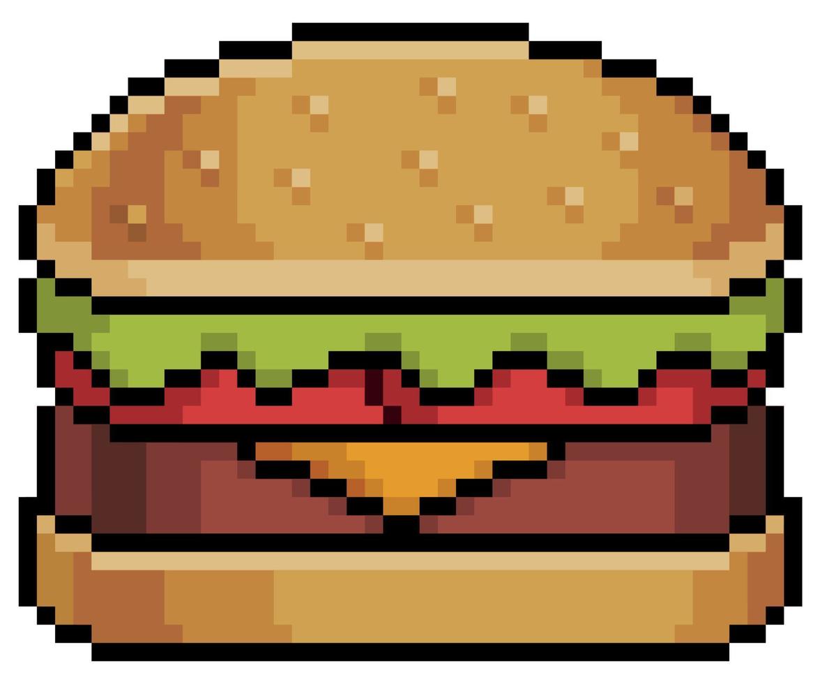 hamburger pixel art con pane, bistecca, formaggio, lattuga e pomodoro oggetto di gioco a 8 bit su sfondo bianco vettore